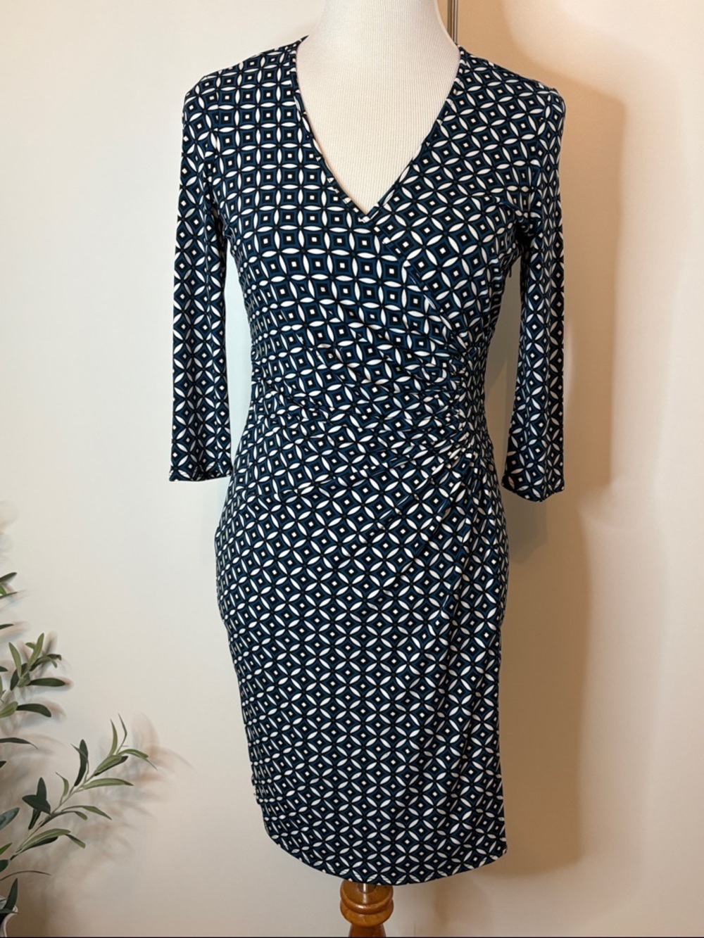 Laundry by Design Navy and White Geometric Wrap-Style Dress